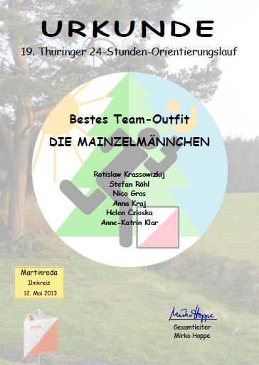 Urkunde für das beste Team-Outfit beim 19. 24h-OL